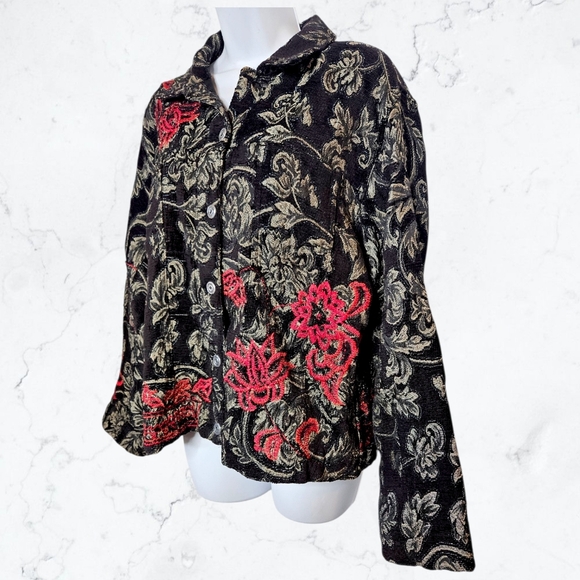 Vintage Chico's Black & Red Floral Beaded Button up Jacket - Picture 2 of 6